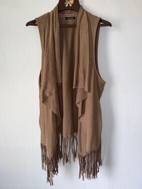 Kandy Kiss Boho Brown Tan Sleeveless Faux Suede Fringe Kimono Vest Size 2X